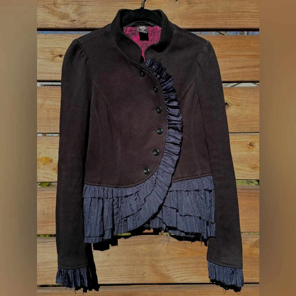 Free People Brown Blazer with Ruffle Trim